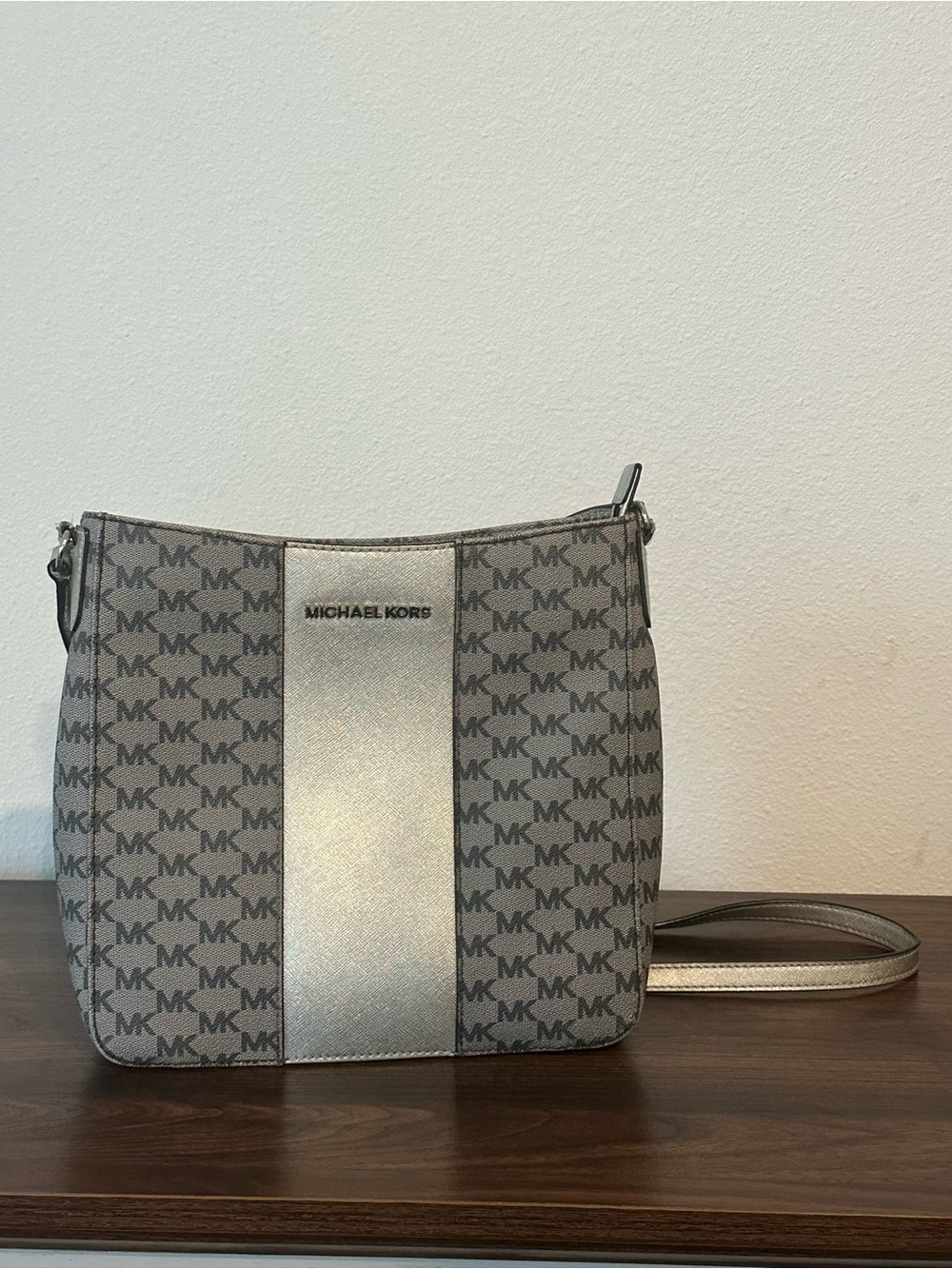 Michael Kors Gray Logo Crossbody with Silver Center Stripe